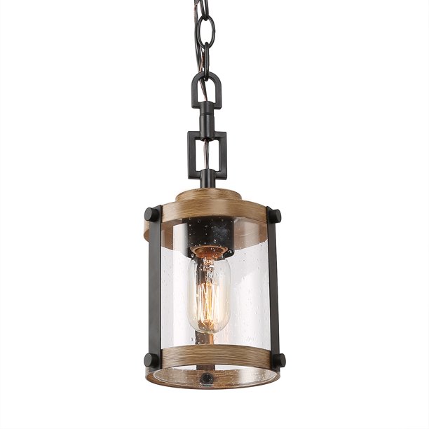 LNC Black Metal & Faux Wood Finish Pendant Light for Outdoor Patio .