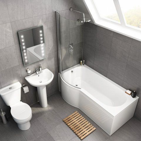 1675x850mm Crosby P Shaped Left Handed Shower Bath Suite | Small .
