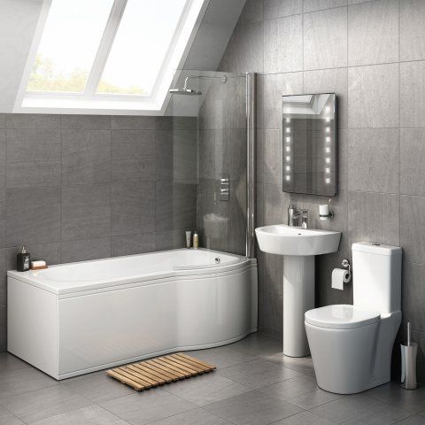 1700x850mm Albi P Shaped Right Handed Shower Bath Suite [PT-BSP024 .