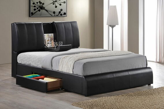 21270Q Kofi black leather like vinyl modern style queen bed frame .