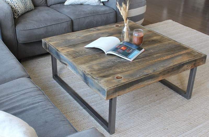 Reclaimed Wood and Metal Square Coffee Table, Tube Steel Legs .