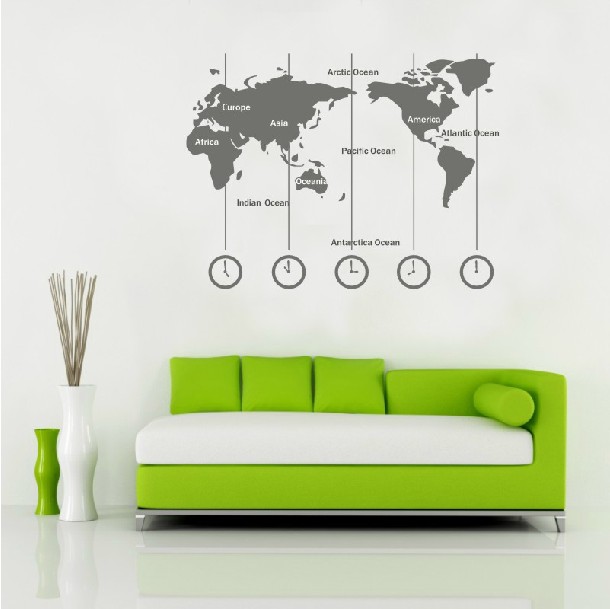 Removable Vinyl World Map Wall Decal Time Wall Art Clock Wall .