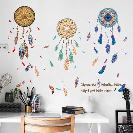 dream feathers wall Decals - blue brown Tropical Home decor .