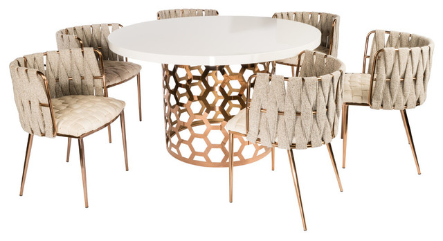 Laguna Gold and White Round 54" Dining Table With 6 Chairs .