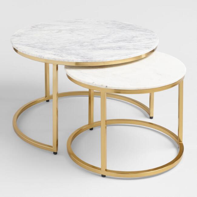 Ayva Round White Marble Brass Nesting Tabl