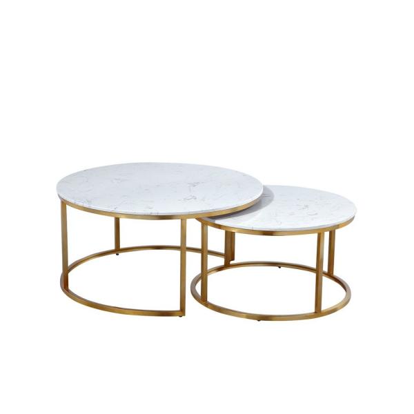 Boyel Living 17.55 in. Gold Round Nesting Coffee Table with Marble .