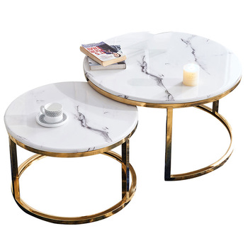 2 Pieces Modern White Marble Top Round Gold Coffee Table Nesting .