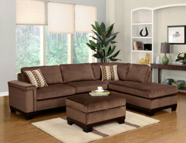 Contemporary 2Pc Brown Finish Fabric Sectional Sofa Chaise Set .