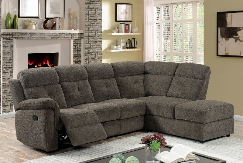 CM6597 2 pc Avia gray linen like fabric sectional sofa with reclin