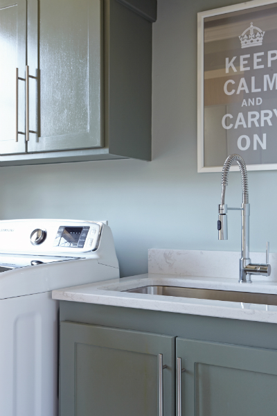 Gray Green laundry Room Cabinets with Art Over Laundry Sink .