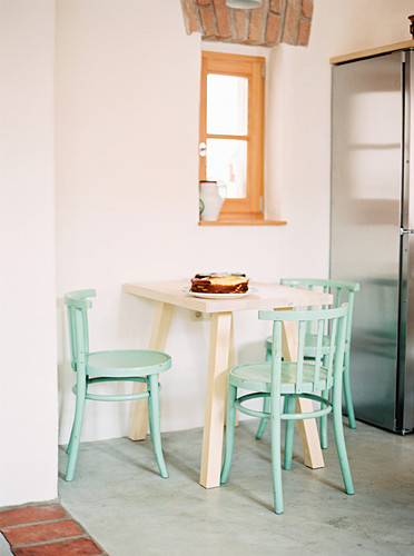 Small breakfast table with mint-green … – Buy image – 12473004 .
