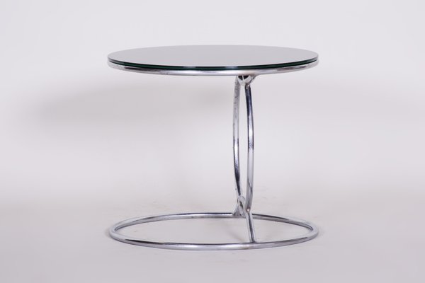 Small Bauhaus Chrome and Black Glass Round Side Table, 1950s for .
