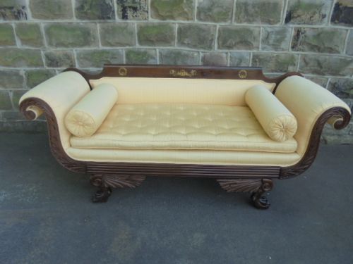 Antique Empire Period Mahogany Scroll Arm Sofa / Settee / Couch c .