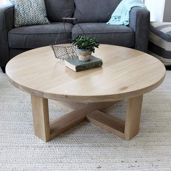 Round All Wood White Oak Coffee Table, Modern Solid Wood | White .