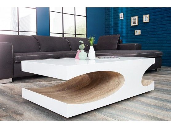 Table basse design blanc laqué/bois Cubico 120 cm | Table de salon .