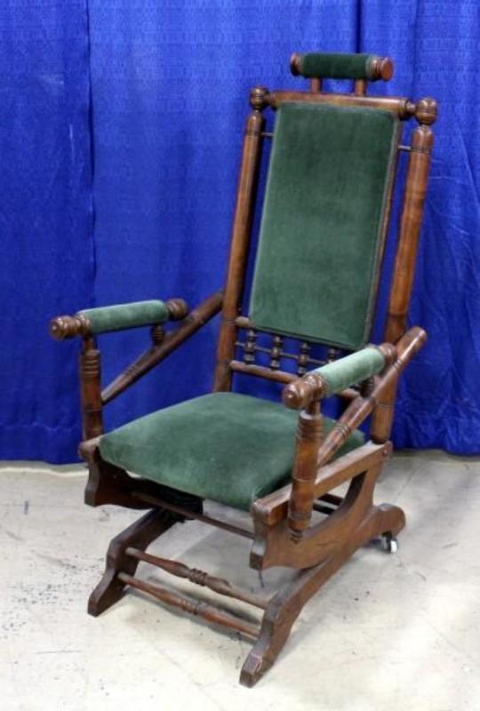 Lot #64Antique Upholstered Rocking Chair, Missing 2 Porcelain .