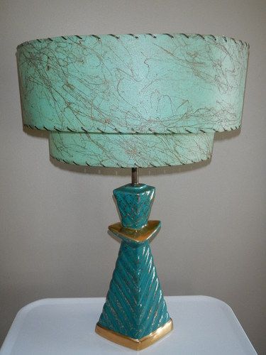 VINTAGE MID CENTURY MODERN RETRO TABLE LAMP AQUA GOLD GREEN .