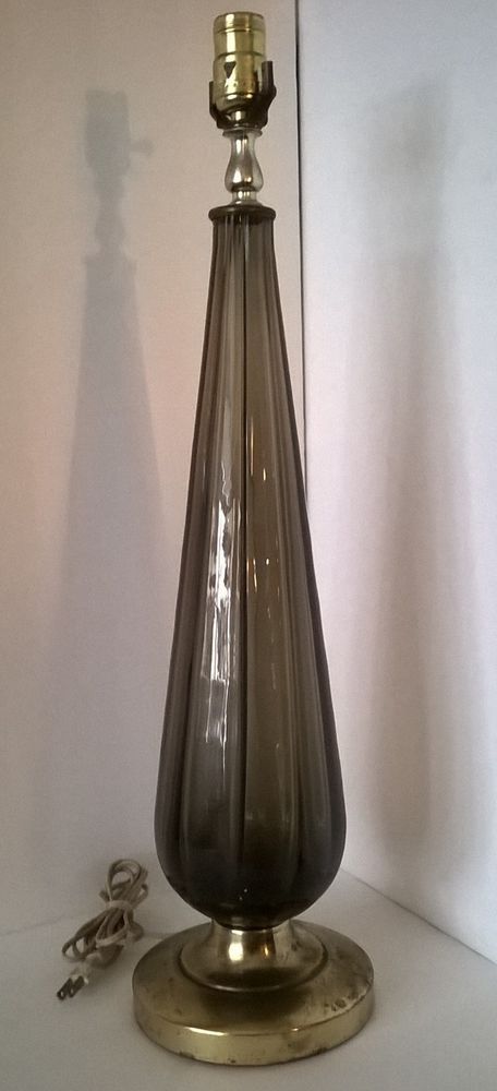 Vintage Mid-Century Modern Smoked Glass Table Lamp 26” Tall .