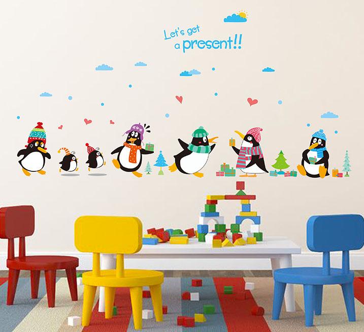 Penguin Present Wall Decal Sticker Kids Room Nursery Wall Art .