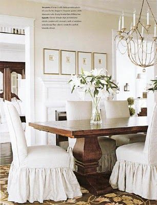 White Slipcovered Chairs and Rustic Table | Slip covered dining .