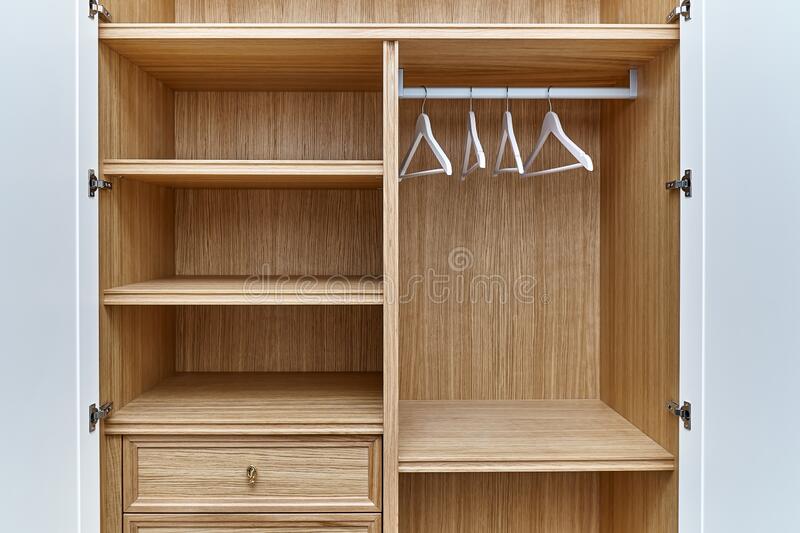 White Wardrobe With Wooden Drawers And Shelves. Wooden Filling Of .