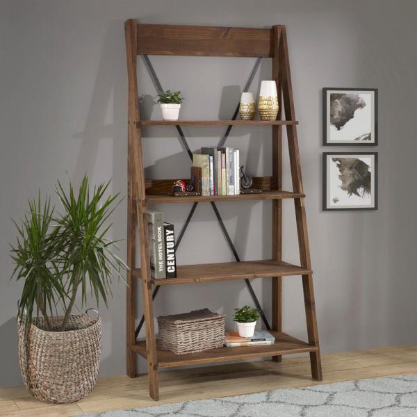 Welwick Designs 68 in. Brown Wood 4-shelf Ladder Bookcase with .