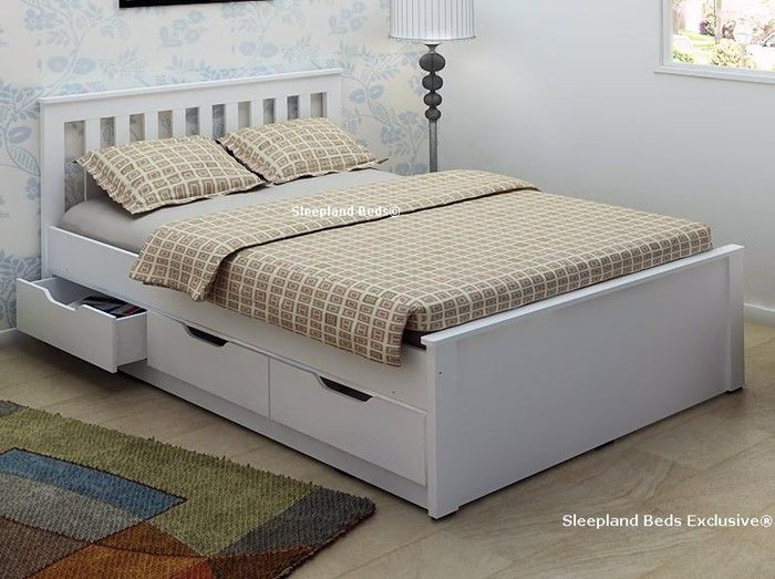 White Wooden Storage Bed Frame With Drawers - 4ft6 Double | White .