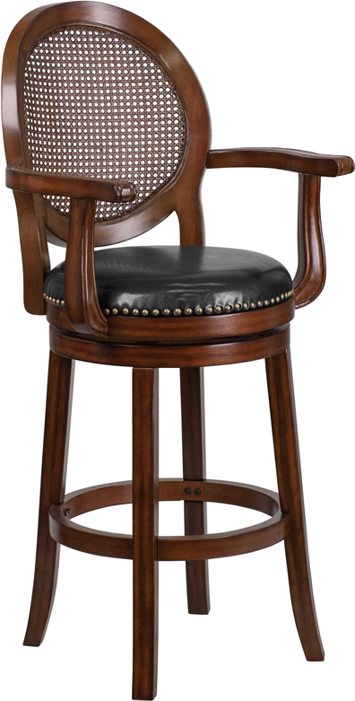 30'' High Expresso Wood Barstool With Arms, Woven Rattan Back And .