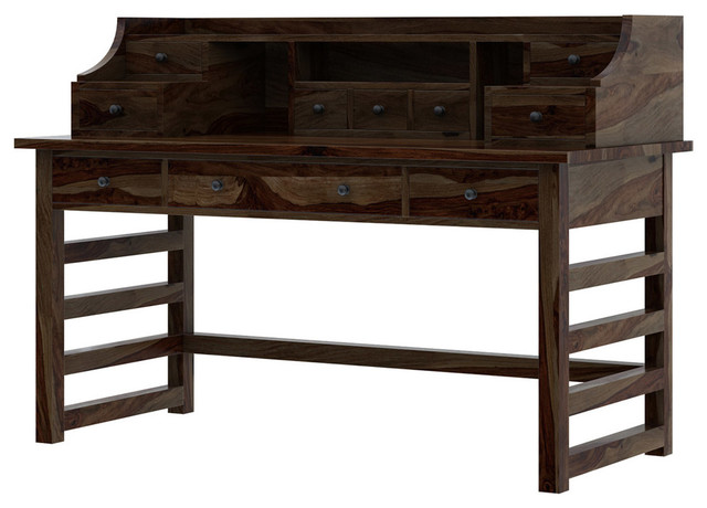 Everglades Rustic Solid Wood Secretary Writing Desk with Hutch .