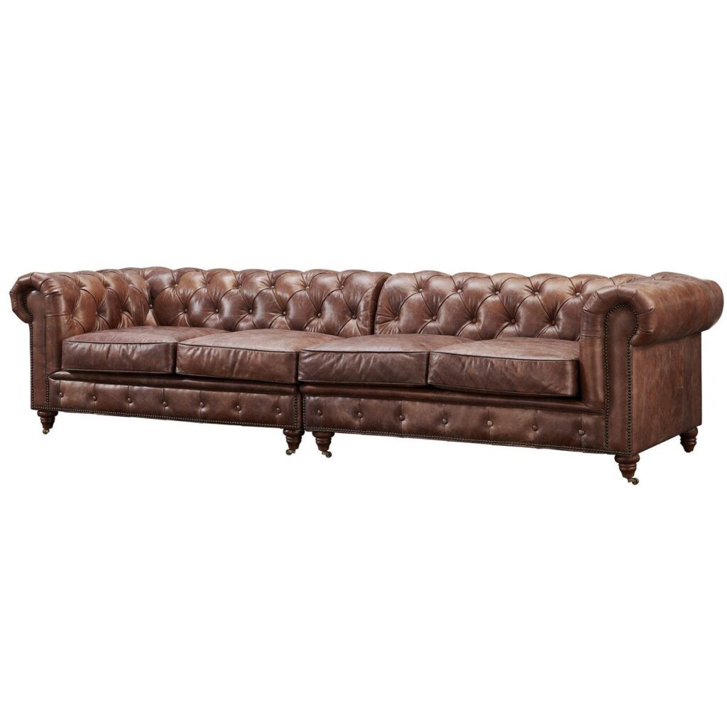 Brown Leather Tufted Sectional Sofa