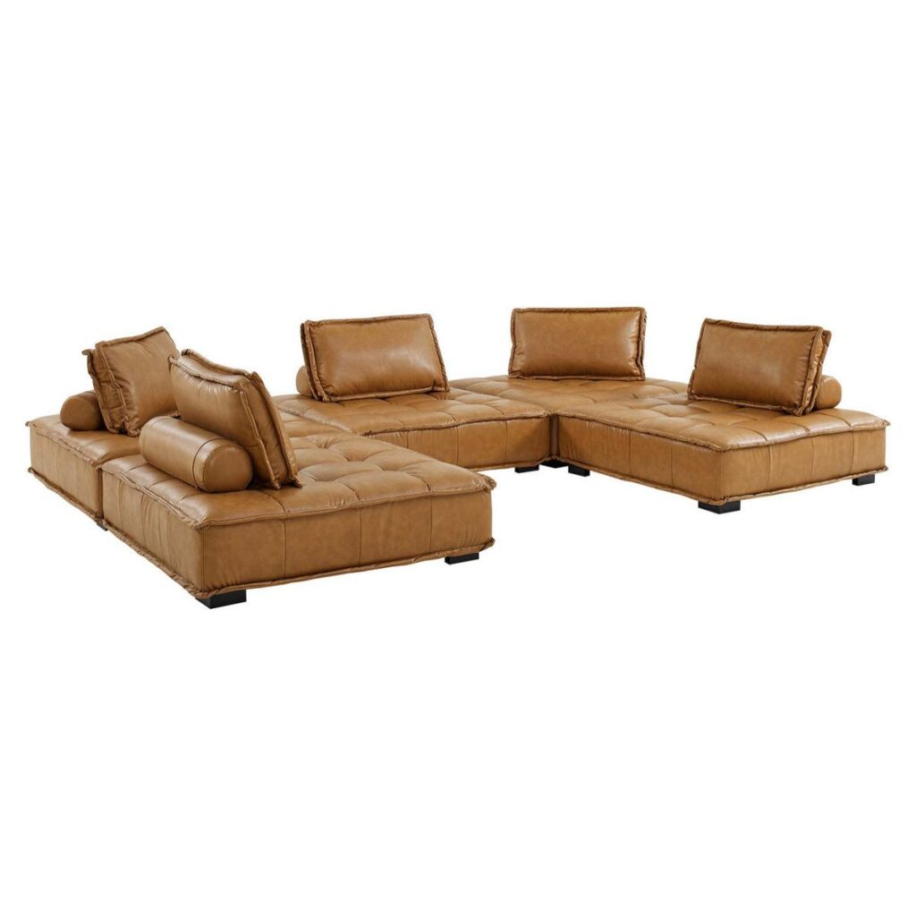 Brown Leather Tufted Sectional Sofa