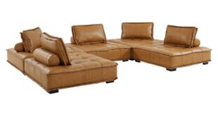 Brown Leather Tufted Sectional Sofa