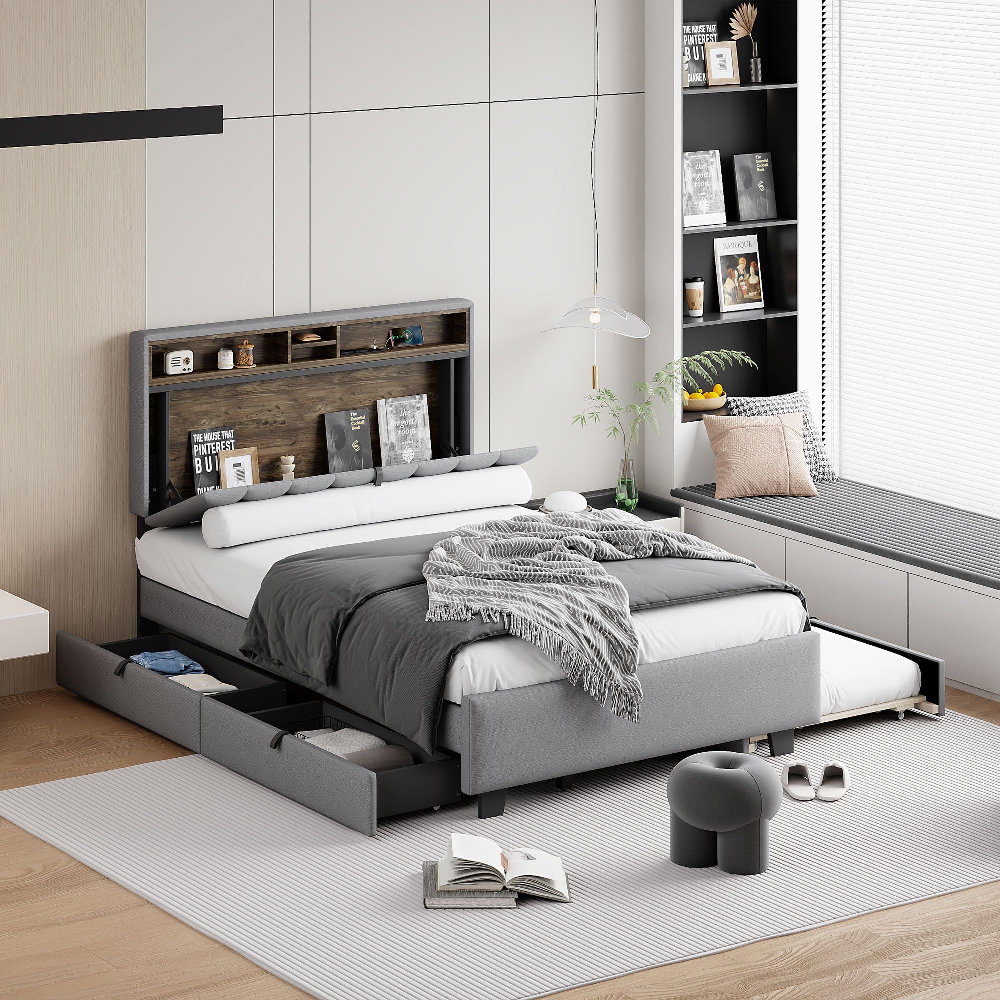 Elegant and Functional Queen Platform Bed with Storage Drawers