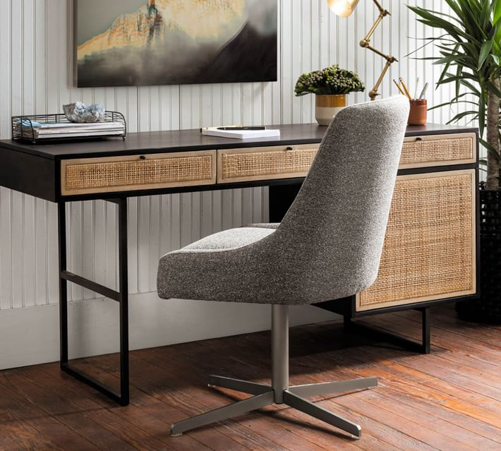 A Stylish Black Desk Featuring Dual-Sided Drawers