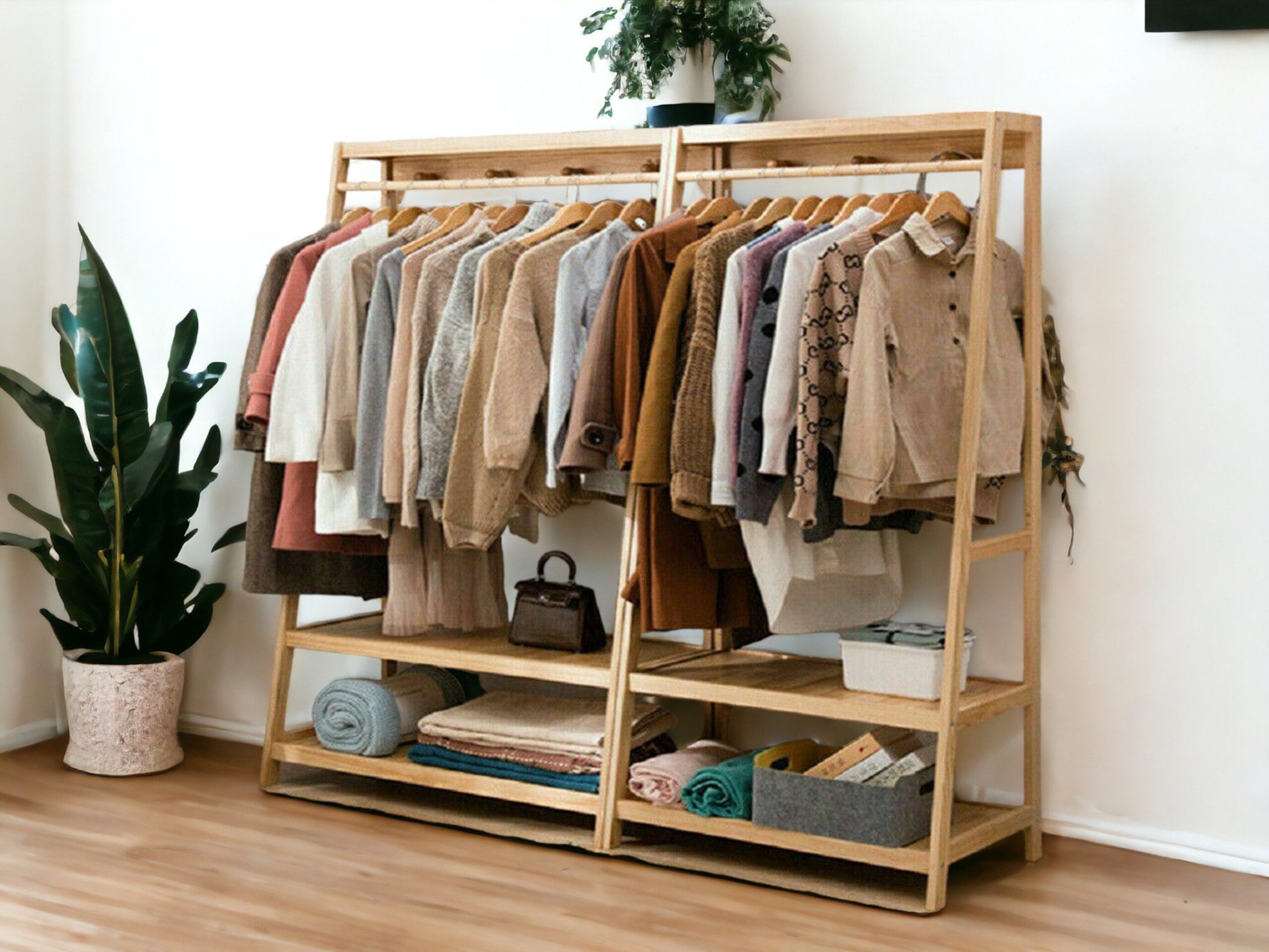 Elegant Wood Clothes Rack with Storage Shelves