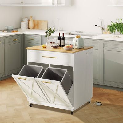 Kitchen Island Cart Featuring Integrated Trash Bin