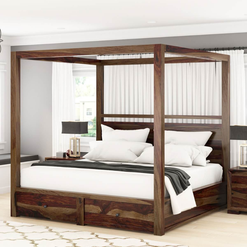 Luxurious and Spacious: The Grandeur of a King-Sized Wooden Canopy Bed Frame