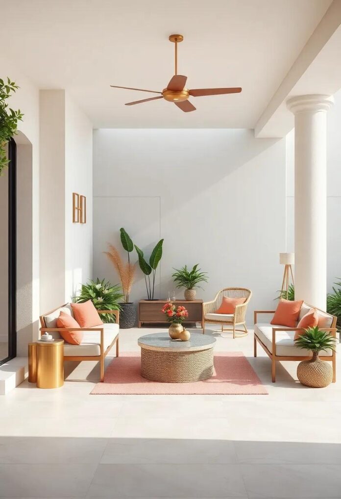 Elevate Your Outdoors: Chic High-End Spaces in Coral and Brass Elegance