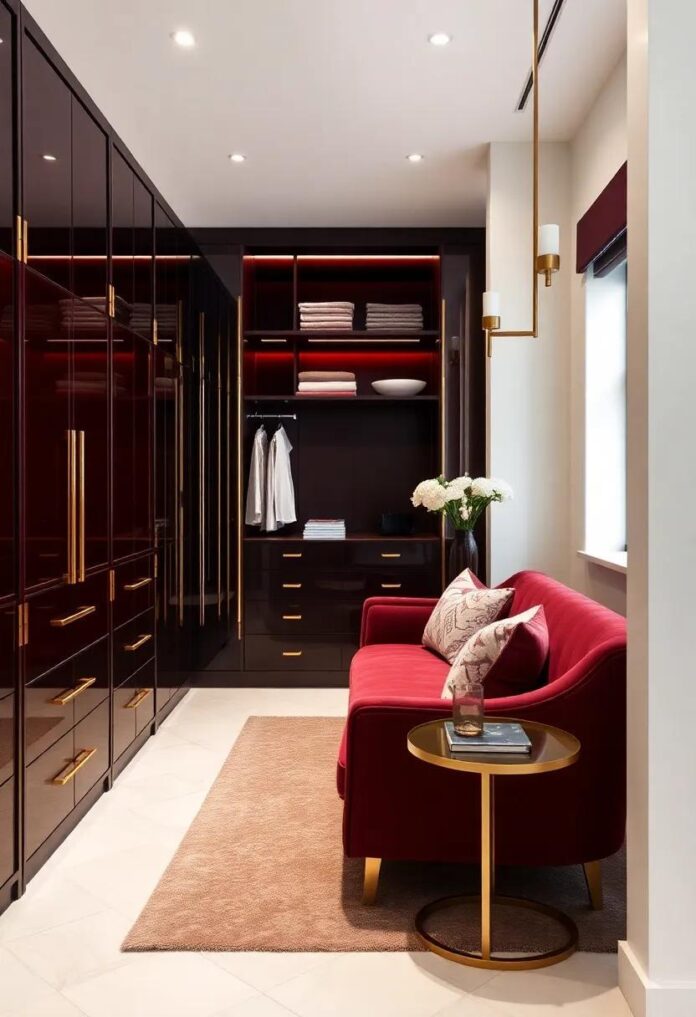 Indulgent Elegance: Transforming Your Space with a Deep Burgundy and Brass Walk-In Closet