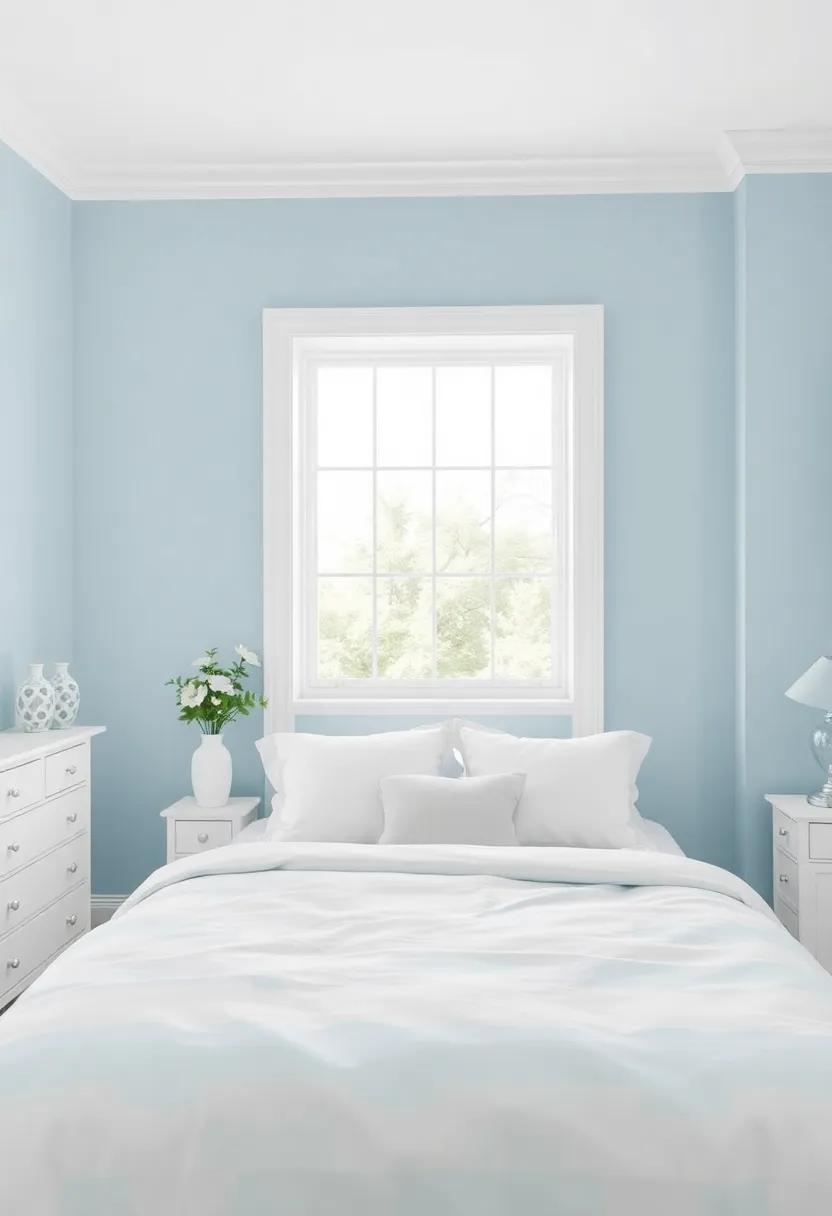 serene Sky Blue with crisp White ‍Trim: Evoke a sense‍ of calm and‌ tranquility ⁤with soft blue walls⁤ paired with bright ​white accents that make the space feel airy and open