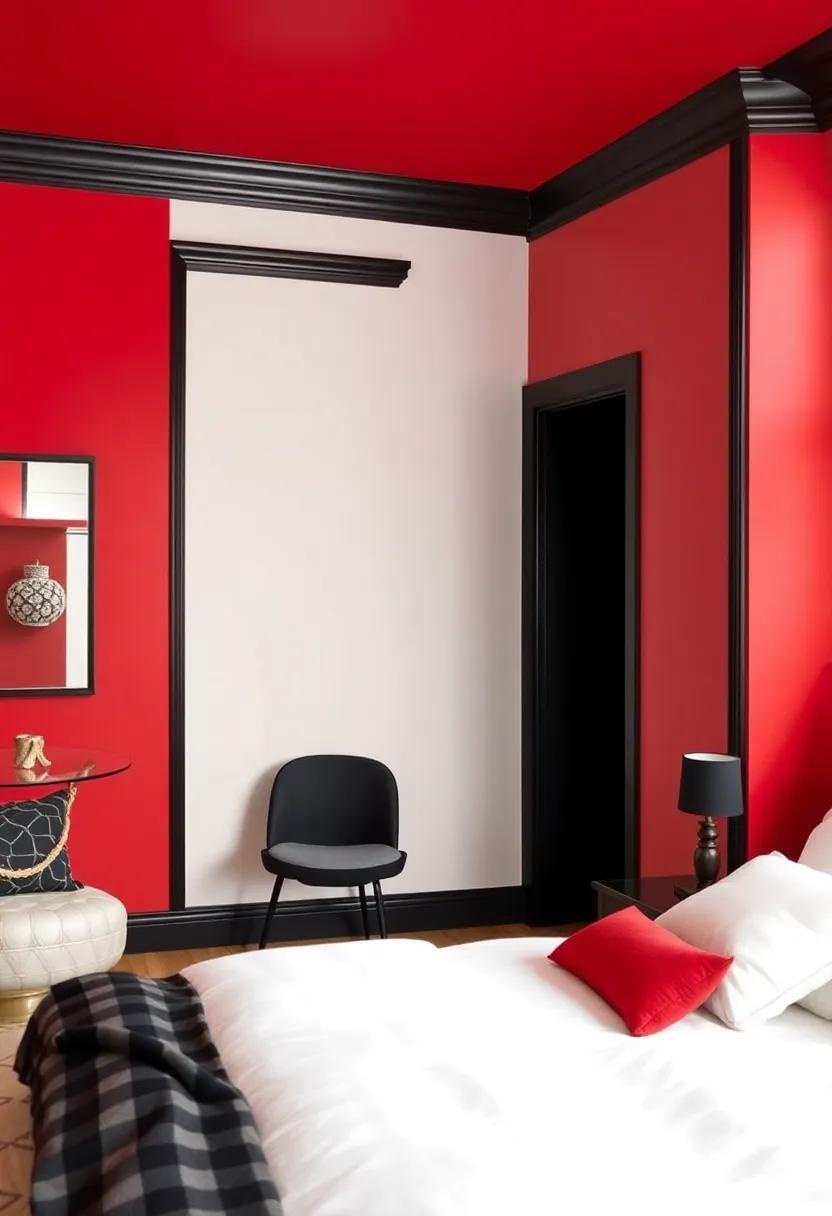 Bold Red ​with Black Trim: Create a striking and passionate space with powerful red walls highlighted by sleek black trim that adds⁤ drama