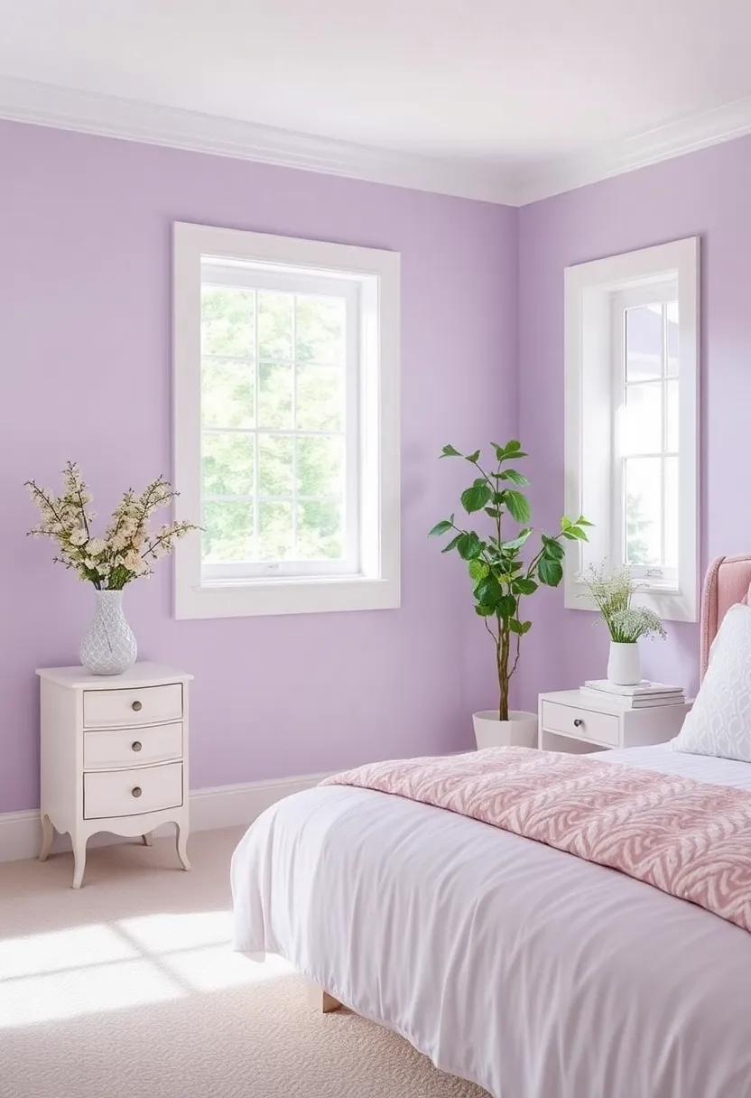 Soft Lavender with Silver Trim: Introduce a whimsical touch with delicate lavender walls accented by shimmering silver trim for a dreamy sanctuary