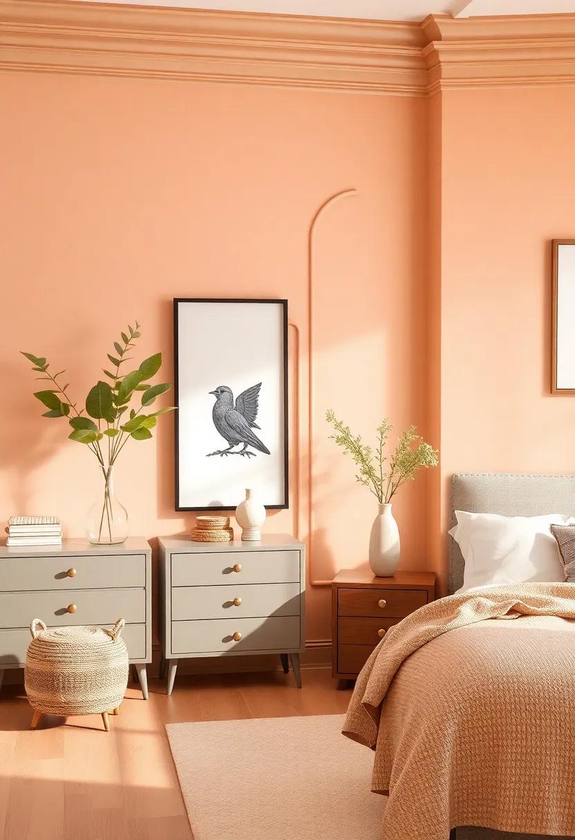 Soft Peach with Light brown Trim: Warm up your space with soft peach walls and smooth light brown‌ trim⁣ for a welcoming and friendly environment