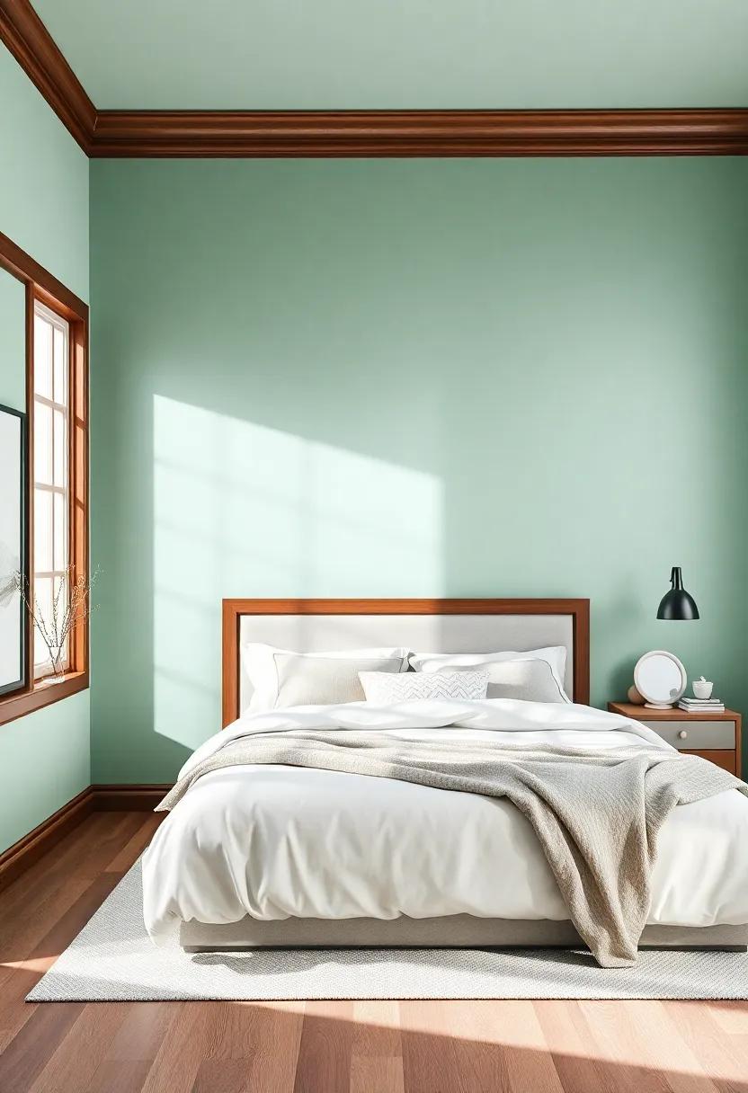Cool Mint Green with Walnut Brown Trim: Refresh your bedroom with a soothing ⁣mint green hue complemented by rich walnut trim for a cozy yet modern aesthetic