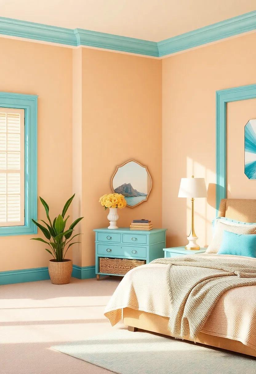 Warm Sand with Turquoise trim: Bring a coastal feel indoors with sandy walls complemented by bright turquoise accents for ‌a refreshing escape