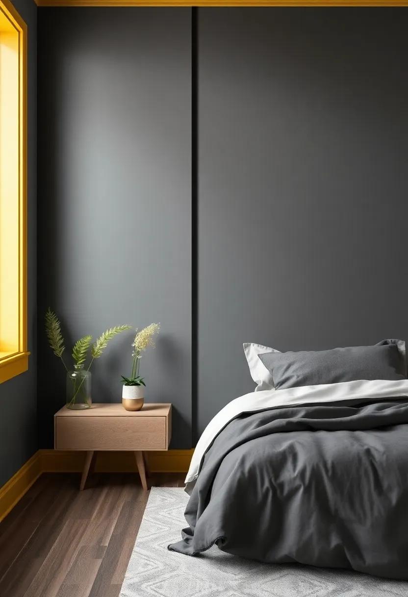 Elegant ⁢Charcoal Gray with Golden Yellow Trim: Add a ⁣touch of sophistication ⁤and warmth by contrasting deep gray walls with vibrant yellow trim that brings a cheerful pop to the room