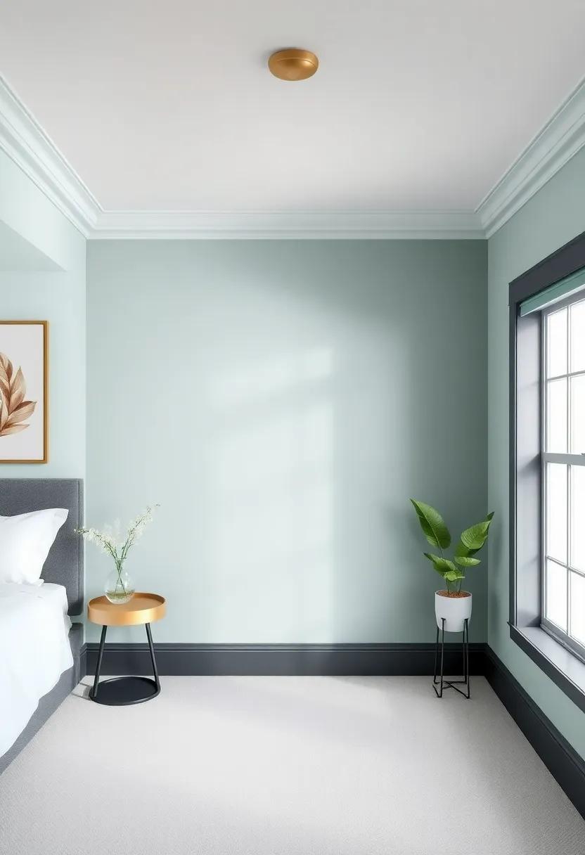 Subtle Mint with Charcoal Trim: Bring a refined touch to your space with soft mint walls accentuated by bold charcoal trim for a surprising depth ⁣of color