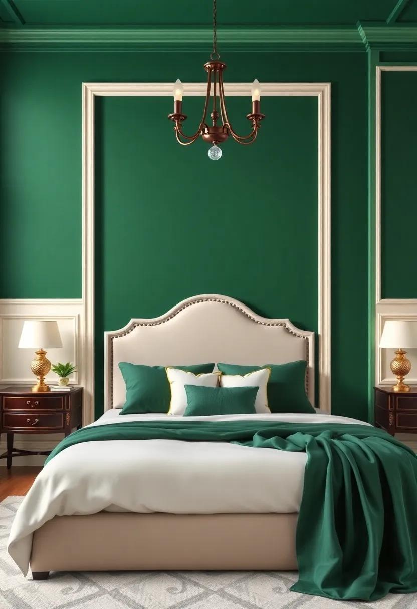 Rich Emerald Green with Cream Trim: infuse luxury into your bedroom with‌ deep emerald walls and soft cream accents that ⁣create a regal yet comfortable vibe