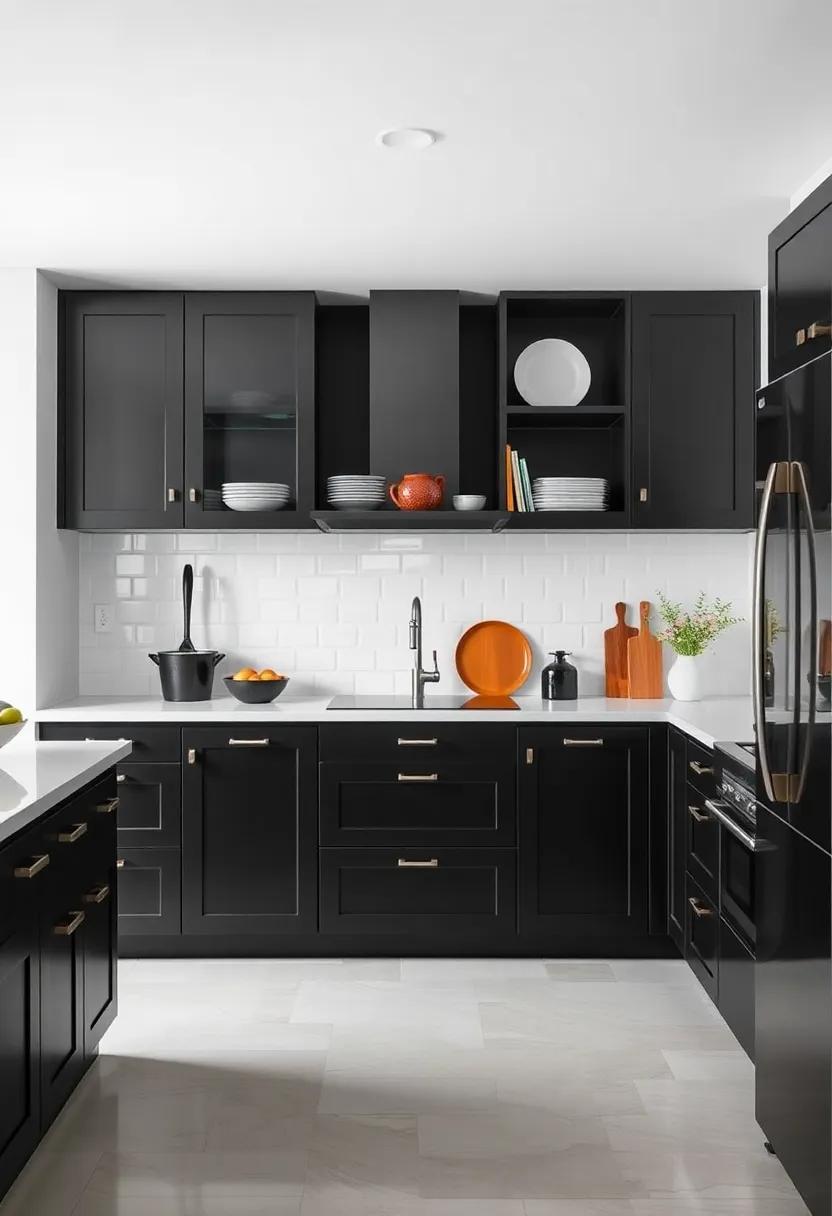 Incorporate Open Shelving: Balance closed black cabinets with open ‌shelves to ‍display colorful​ dishware and decor