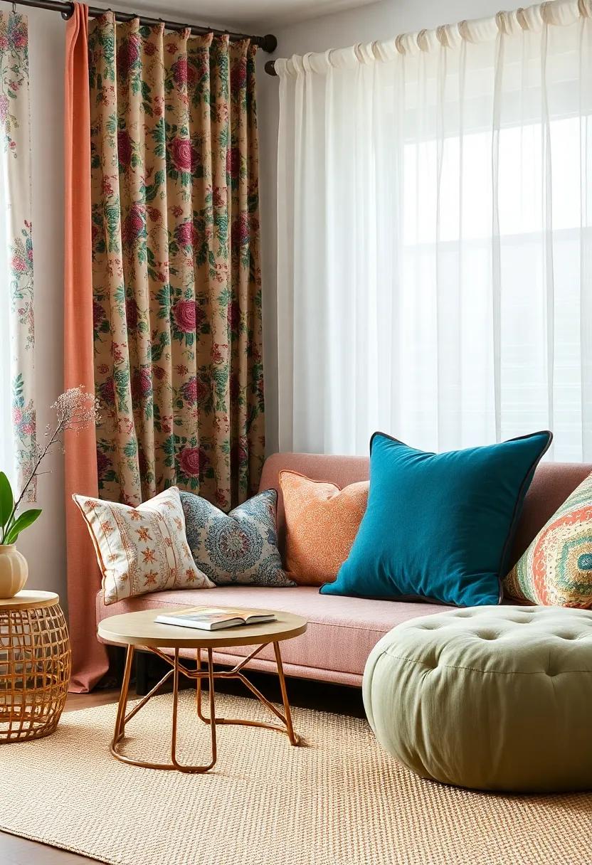 Mix and Match Upholstery: Pair different fabrics and patterns on your cushions and curtains for a layered look that gives a nod to bohemian style